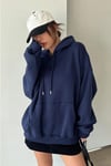 Kadın Lacivert Düz Kapüşonlu Oversize 3 iplik Şardonlu Salaş Bol Kesim Hoodie Sweatshirt