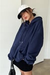 Kadın Lacivert Düz Kapüşonlu Oversize 3 iplik Şardonlu Salaş Bol Kesim Hoodie Sweatshirt