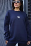 Kadın Lacivert Free Life Baskılı 0 Sıfır Yaka Oversize Salaş Bol Kesim Polar Sweatshirt