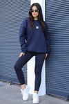 Kadın Lacivert Free Life Baskılı 0 Sıfır Yaka Oversize Salaş Bol Kesim Polar Sweatshirt