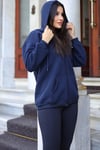 Kadin Lacivert Kapüşonlu Fermuarlı 3 Üç İplik Polar Kanguru Oversize Sweatshirt Zip Up Hoodie
