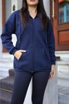 Kadin Lacivert Kapüşonlu Fermuarlı 3 Üç İplik Polar Kanguru Oversize Sweatshirt Zip Up Hoodie