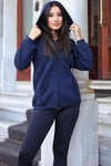 Kadin Lacivert Kapüşonlu Fermuarlı 3 Üç İplik Polar Kanguru Oversize Sweatshirt Zip Up Hoodie