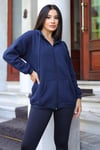 Kadin Lacivert Kapüşonlu Fermuarlı 3 Üç İplik Polar Kanguru Oversize Sweatshirt Zip Up Hoodie