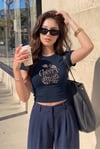 Kadın Lacivert Kiraz Leopar Desenli Bisiklet Yaka Likralı Kısa Kol Body Crop Bluz