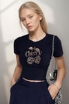 Kadın Lacivert Kiraz Leopar Desenli Bisiklet Yaka Likralı Kısa Kol Body Crop Bluz