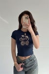 Kadın Lacivert Kiraz Leopar Desenli Bisiklet Yaka Likralı Kısa Kol Body Crop Bluz