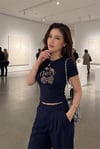 Kadın Lacivert Kiraz Leopar Desenli Bisiklet Yaka Likralı Kısa Kol Body Crop Bluz