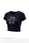 Kadın Lacivert Kiraz Leopar Desenli Bisiklet Yaka Likralı Kısa Kol Body Crop Bluz