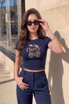 Kadın Lacivert Kiraz Leopar Desenli Bisiklet Yaka Likralı Kısa Kol Body Crop Bluz
