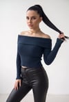 Kadın Lacivert Madonna Yarı Crop Fitilli Bluz Kazak