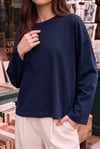 Kadın Lacivert T-shirt Geniş Kol Bisiklet Yaka Uzun Kollu Tişört