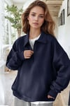 Kadın Lacivert Yarım Fermuar Polo Yaka Oversize Salaş Bol Kesim Polar Sweatshirt