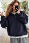 Kadın Lacivert Yarım Fermuar Polo Yaka Oversize Salaş Bol Kesim Polar Sweatshirt