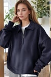 Kadın Lacivert Yarım Fermuar Polo Yaka Oversize Salaş Bol Kesim Polar Sweatshirt