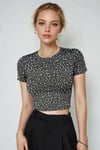 Kadın Leopar Baskılı Pamuklu Likralı Bisiklet Yaka Basic Kısa Kollu Esnek Body Crop