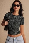 Kadın Leopar Baskılı Pamuklu Likralı Bisiklet Yaka Basic Kısa Kollu Esnek Body Crop T-Shirt