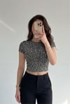 Kadın Leopar Baskılı Pamuklu Likralı Bisiklet Yaka Basic Kısa Kollu Esnek Body Crop