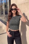 Kadın Leopar Baskılı Pamuklu Likralı Bisiklet Yaka Basic Kısa Kollu Esnek Body Crop