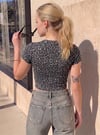 Kadın Leopar Baskılı Pamuklu Likralı Bisiklet Yaka Basic Kısa Kollu Esnek Body Crop