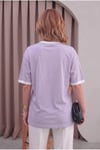 Kadın Lila Beyaz Biye Garnili Orta Kalın Soft Kumaş Bisiklet Yaka Yarım Oversize Salaş T-shirt