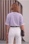 Kadın Lila Beyaz Biye Garnili Orta Kalın Soft Kumaş Bisiklet Yaka Yarım Oversize Salaş T-shirt