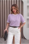 Kadın Lila Beyaz Biye Garnili Orta Kalın Soft Kumaş Bisiklet Yaka Yarım Oversize Salaş T-shirt