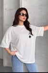 Kadın Maça As Baskılı Beyaz Oversize T-Shirt