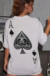Kadın Maça As Baskılı Beyaz Oversize T-Shirt