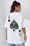 Kadın Maça As Baskılı Beyaz Oversize T-Shirt