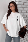 Kadın Maça As Baskılı Beyaz Oversize T-Shirt