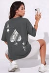 Kadın Maça As Baskılı Füme Oversize T-Shirt