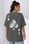 Kadın Maça As Baskılı Füme Oversize T-Shirt