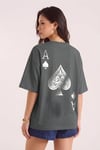 Kadın Maça As Baskılı Füme Oversize T-Shirt