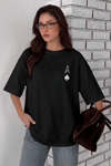 Kadın Maça As Baskılı Siyah Oversize T-Shirt