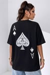 Kadın Maça As Baskılı Siyah Oversize T-Shirt