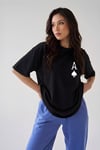 Kadın Maça As Baskılı Siyah Oversize T-Shirt