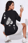 Kadın Maça As Baskılı Siyah Oversize T-Shirt