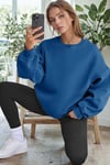 Kadın Mavi Basic 0 Sıfır Yaka Baskısız Düz Oversize Salaş Bol Kesim Polar Sweatshirt
