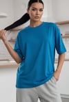 Kadın Mavi Basic Düz Baskısız Oversize Salas T-shirt