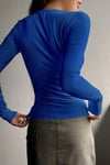 Kadın Mavi Düğme Detaylı Patlı Düğmeli Bisiklet Yaka Uzun Kollu Fitilli Kaşkorse Bluz Body