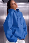 Kadın Mavi Düz Kapüşonlu Oversize 3 iplik Şardonlu Salaş Bol Kesim Hoodie Sweatshirt