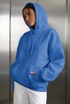 Kadın Mavi Düz Kapüşonlu Oversize 3 iplik Şardonlu Salaş Bol Kesim Hoodie Sweatshirt