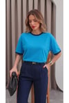 Kadın Mavi Lacivert Biye Garnili Orta Kalın Kumaş Bisiklet Yaka Yarım Oversize Salaş T-shirt