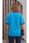 Kadın Mavi Lacivert Biye Garnili Orta Kalın Kumaş Bisiklet Yaka Yarım Oversize Salaş T-shirt