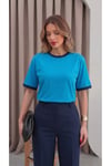 Kadın Mavi Lacivert Biye Garnili Orta Kalın Kumaş Bisiklet Yaka Yarım Oversize Salaş T-shirt