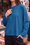 Kadın Mavi T-shirt Geniş Kol Bisiklet Yaka Uzun Kollu Tişört
