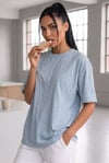 Kadın Melanj Mavi Basic Düz Baskısız Oversize Salas T-shirt