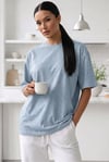 Kadın Melanj Mavi Basic Düz Baskısız Oversize Salas T-shirt
