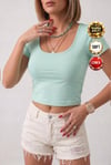 Kadın Mint Renkli U Yaka Likralı Düz Basic Kısa Kollu Crop Bluz
